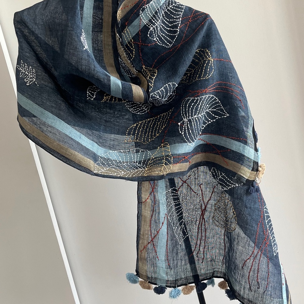 Handcrafted Artisan Scarf - Blue and Gold with hand embroidery leaves